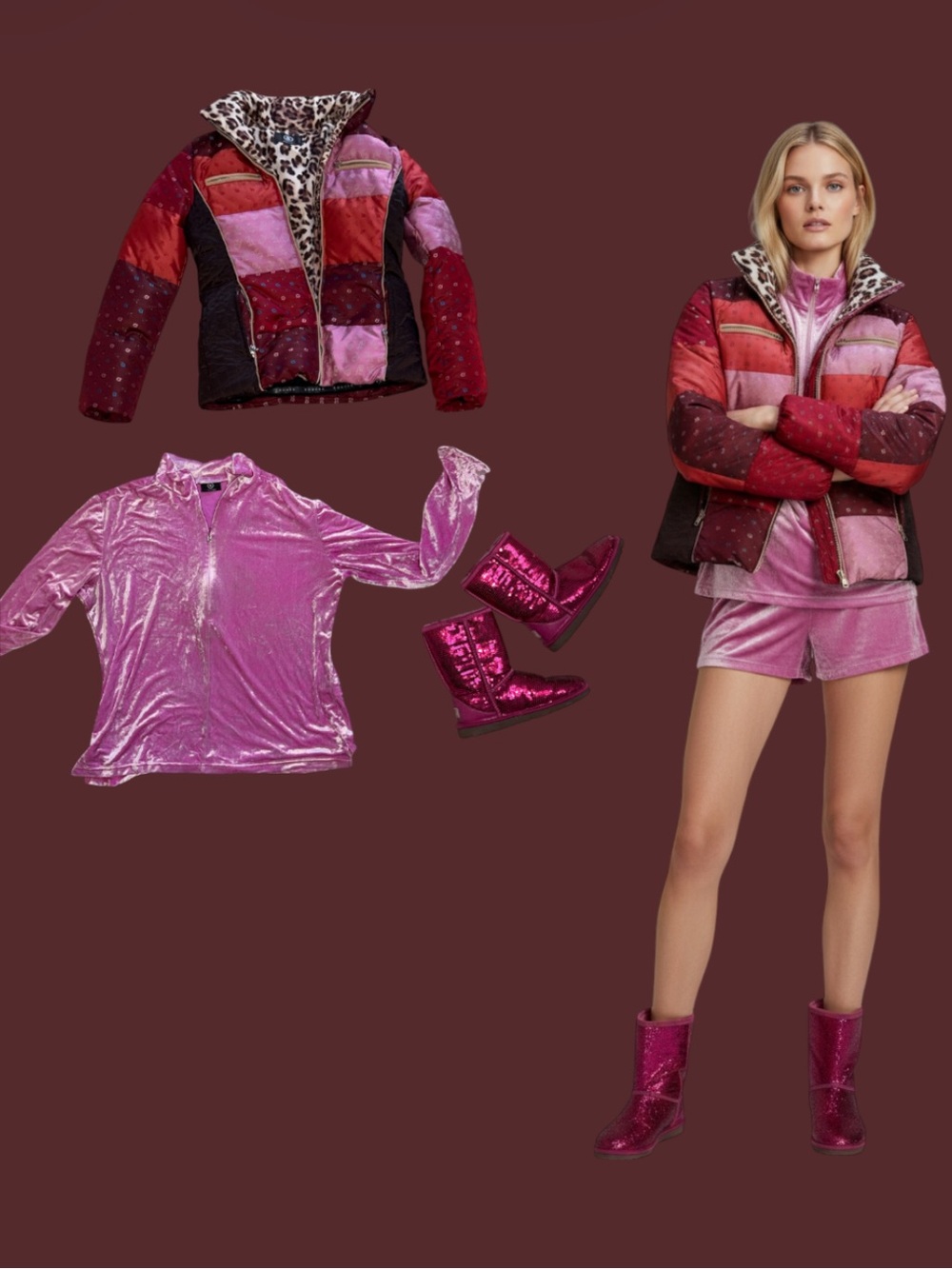 Bogner Pink & Red Patchwork Ski Puffer Jacket